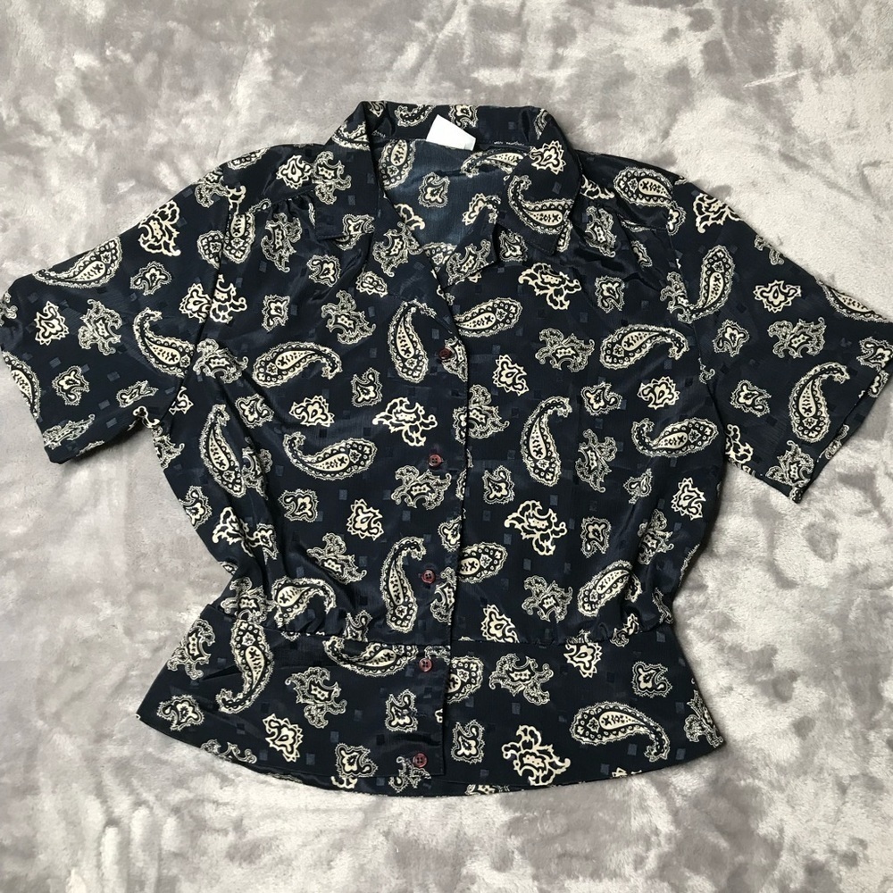 uss Petites Vintage Navy Blue Paisley Button Up Short Sleeve Peplum Blouse